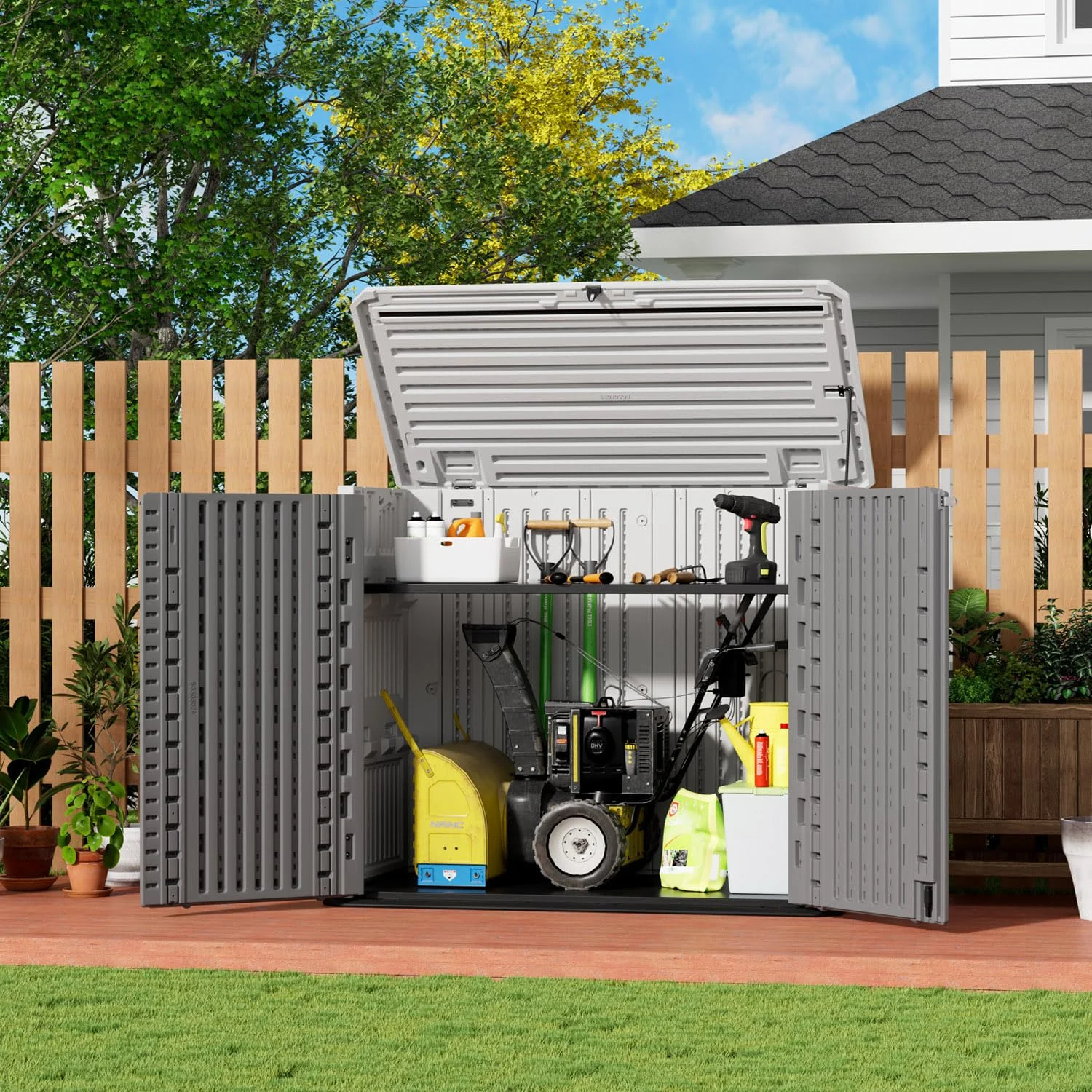 ZZM 26 cu ft Resin outdoor storage shed in white & gray, view 2