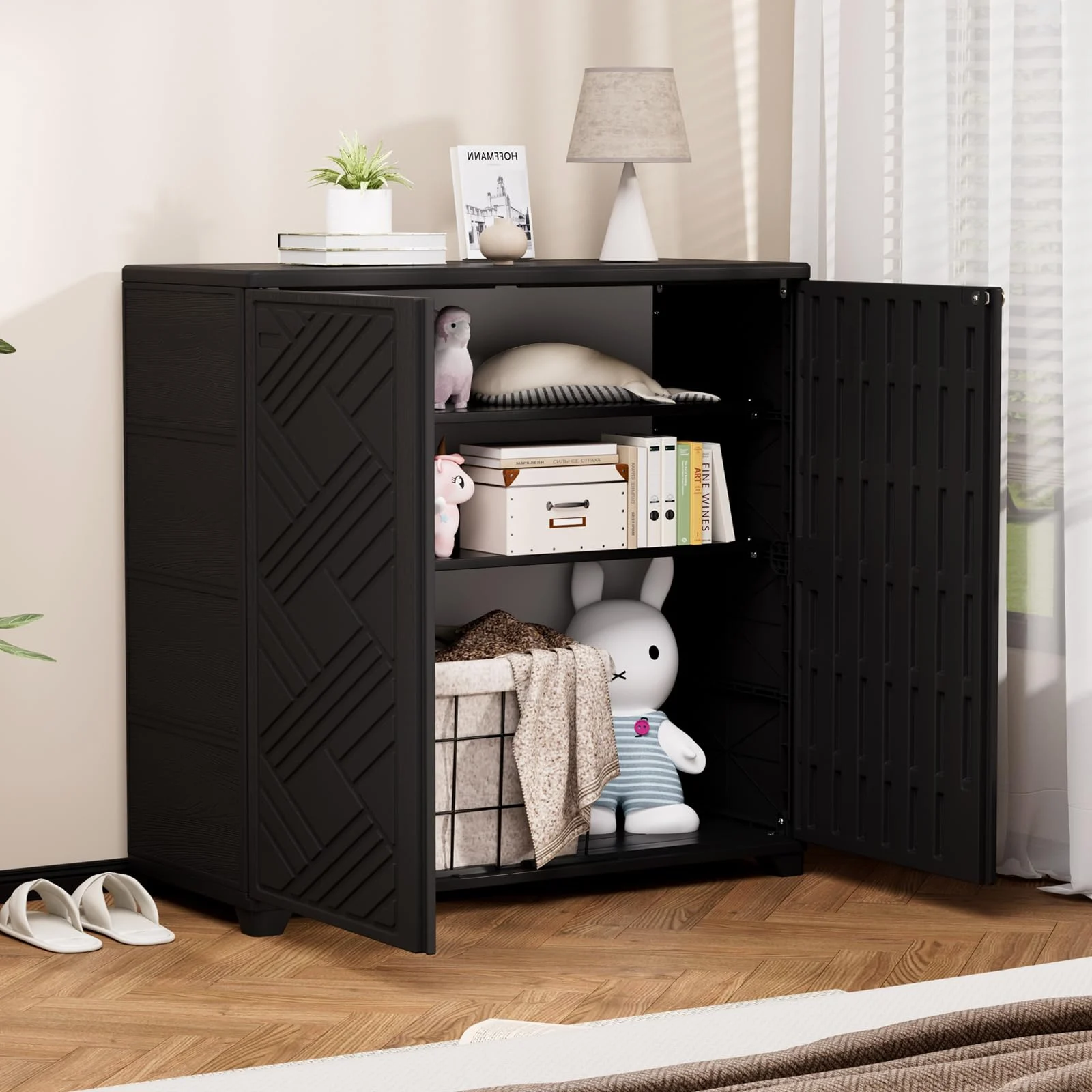 ZZM 34-inch outdoor storage cabinet with 2 shelves in black, view 4