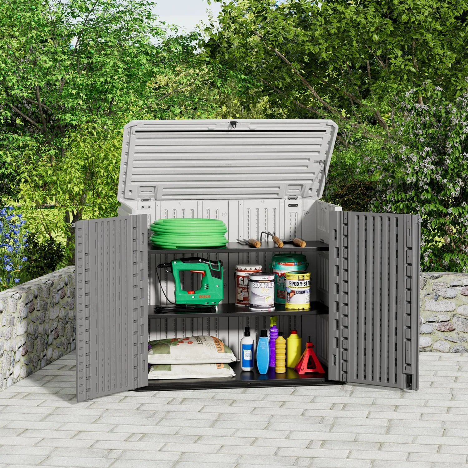 ZZM 26 cu ft Resin outdoor storage shed in white & gray, view 5
