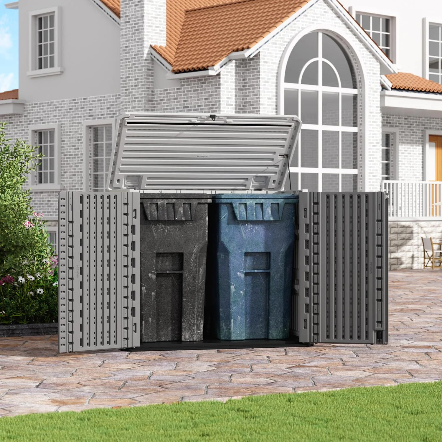 ZZM 26 cu ft Resin outdoor storage shed in white & gray, view 6