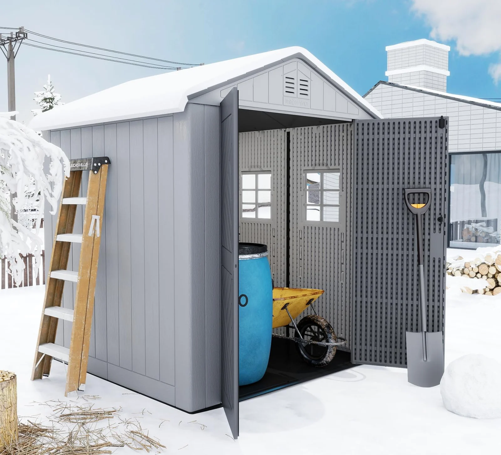 A ZZM walk-in storage shed standing on a level pad beside a house
