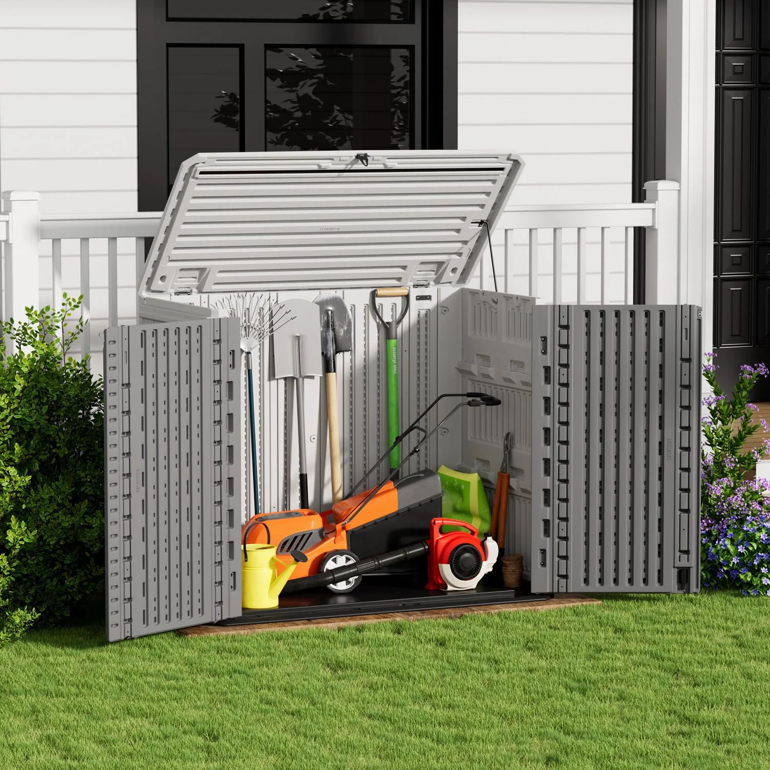 ZZM 26 cu ft Resin outdoor storage shed in white & gray, view 3